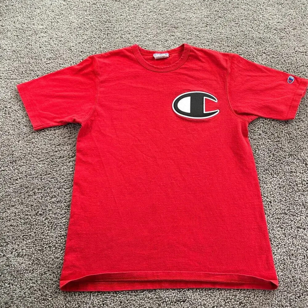 Champion Shirt Mens Medium Red Black Big C Patch Logo Short Sleeve Casual - Picture 1 of 8